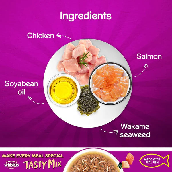 Whiskas Adult Wet Cat Food Tasty Mix Chicken, Salmon & Wakame Seaweed in Gravy
