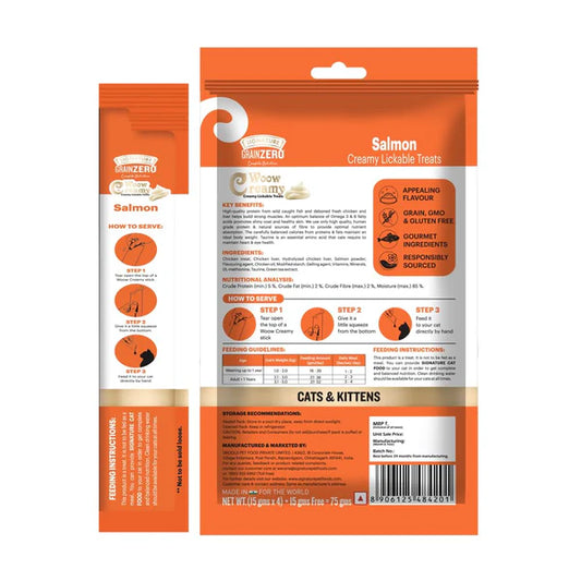 Signature Grain Zero Woow Creamy Salmon Lickable Treats for Cat & Kitten – 75 g