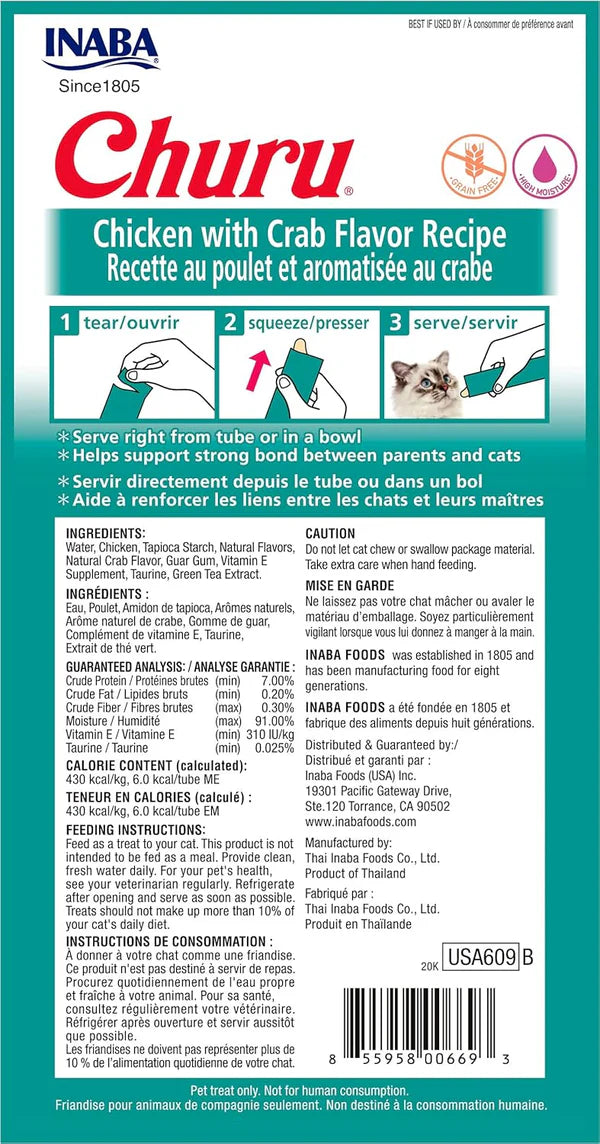 INABA Churu Chicken with Crab Recipe Lickable Purée Natural Cat Treats USA609A, 56 g