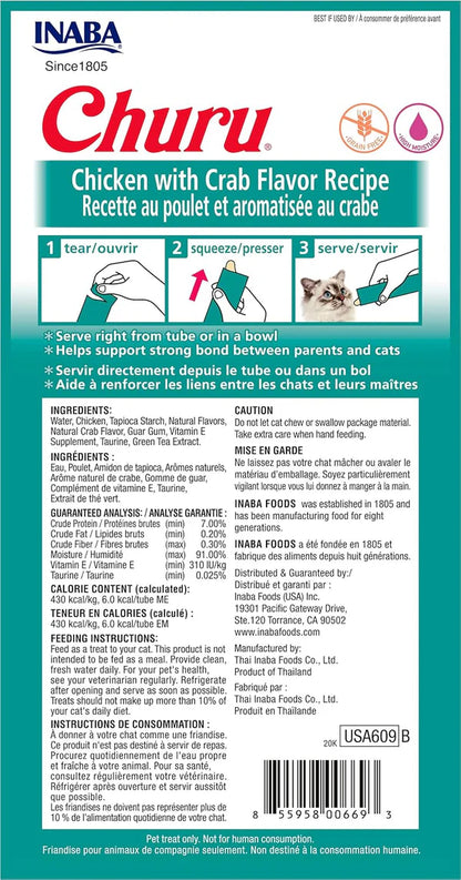 INABA Churu Chicken with Crab Recipe Lickable Purée Natural Cat Treats USA609A, 56 g