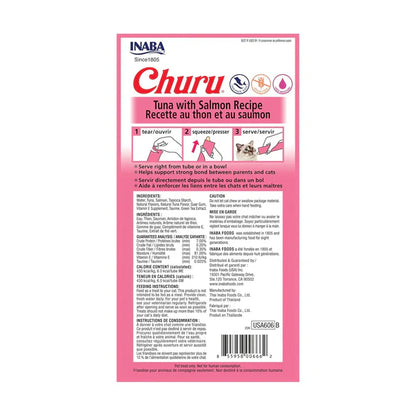 INABA Churu Tuna with Salmon Recipe Lickable Purée Natural Cat Treats USA606A, 56 g (Pack of 1)
