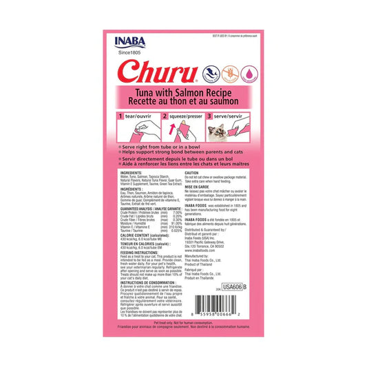 INABA Churu Tuna with Salmon Recipe Lickable Purée Natural Cat Treats USA606A, 56 g (Pack of 1)
