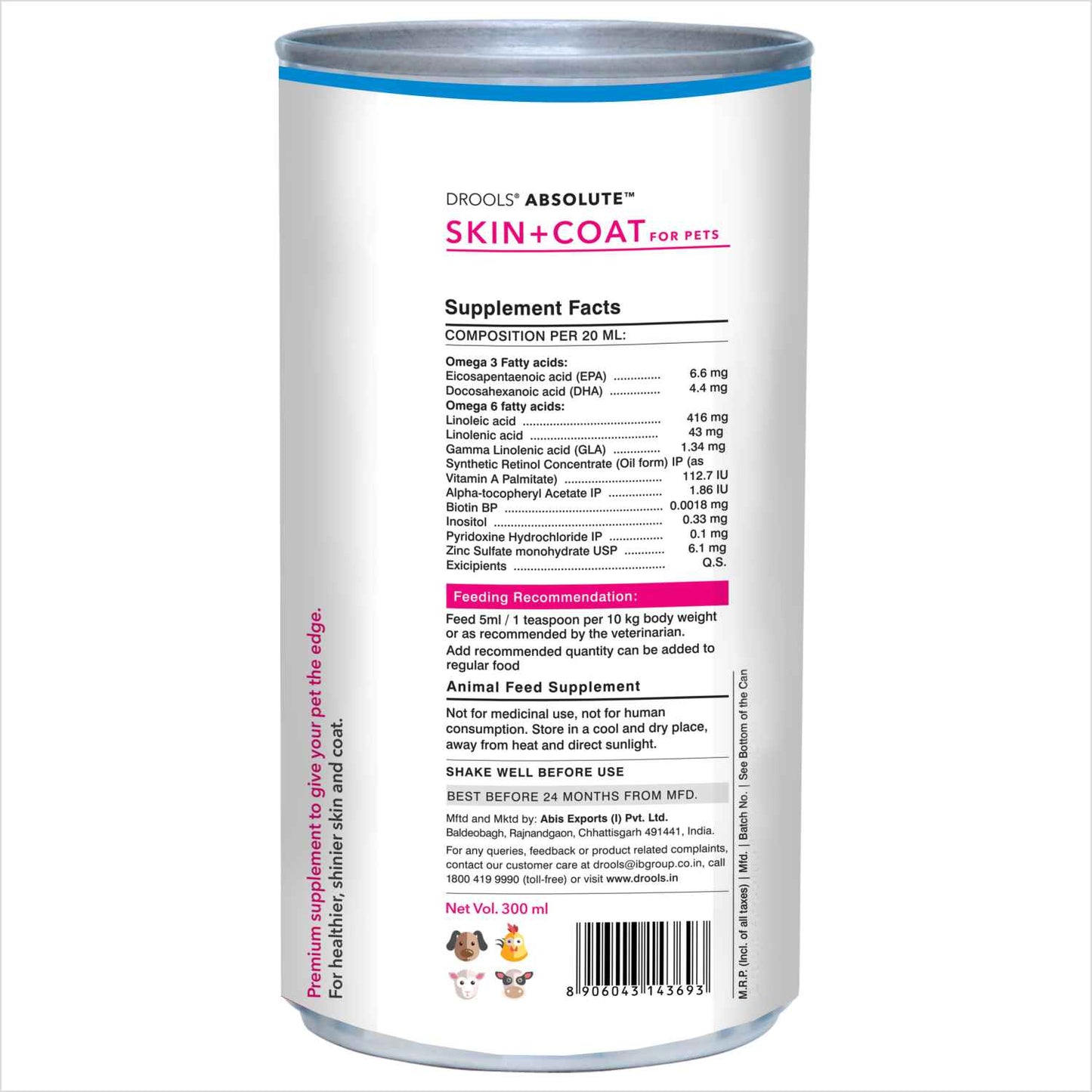 Drools Absolute Skin & Coat Syrup Supplement for Dogs - 300ml