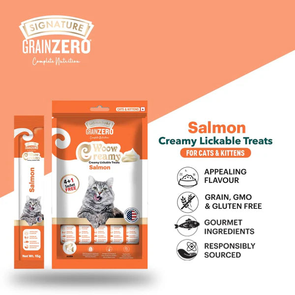 Signature Grain Zero Woow Creamy Salmon Lickable Treats for Cat & Kitten – 75 g