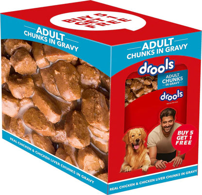 Drools Wet Adult Dog Food – Real Chicken & Chicken Liver Chunks in Gravy, 80g