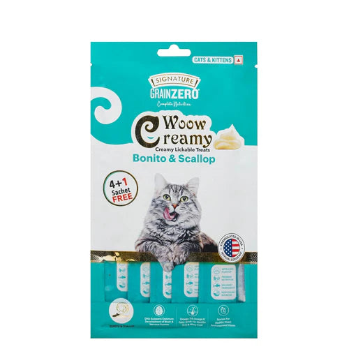 Signature Grain Zero Woow Creamy Bonito & Scallop Lickable Treats for Cat & Kitten – 75 g