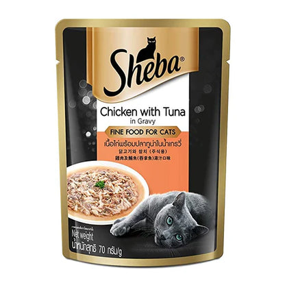 Sheba Wet Food Fine Adult Cat Food, Chicken with Tuna in Gravy Flavour, 70 g